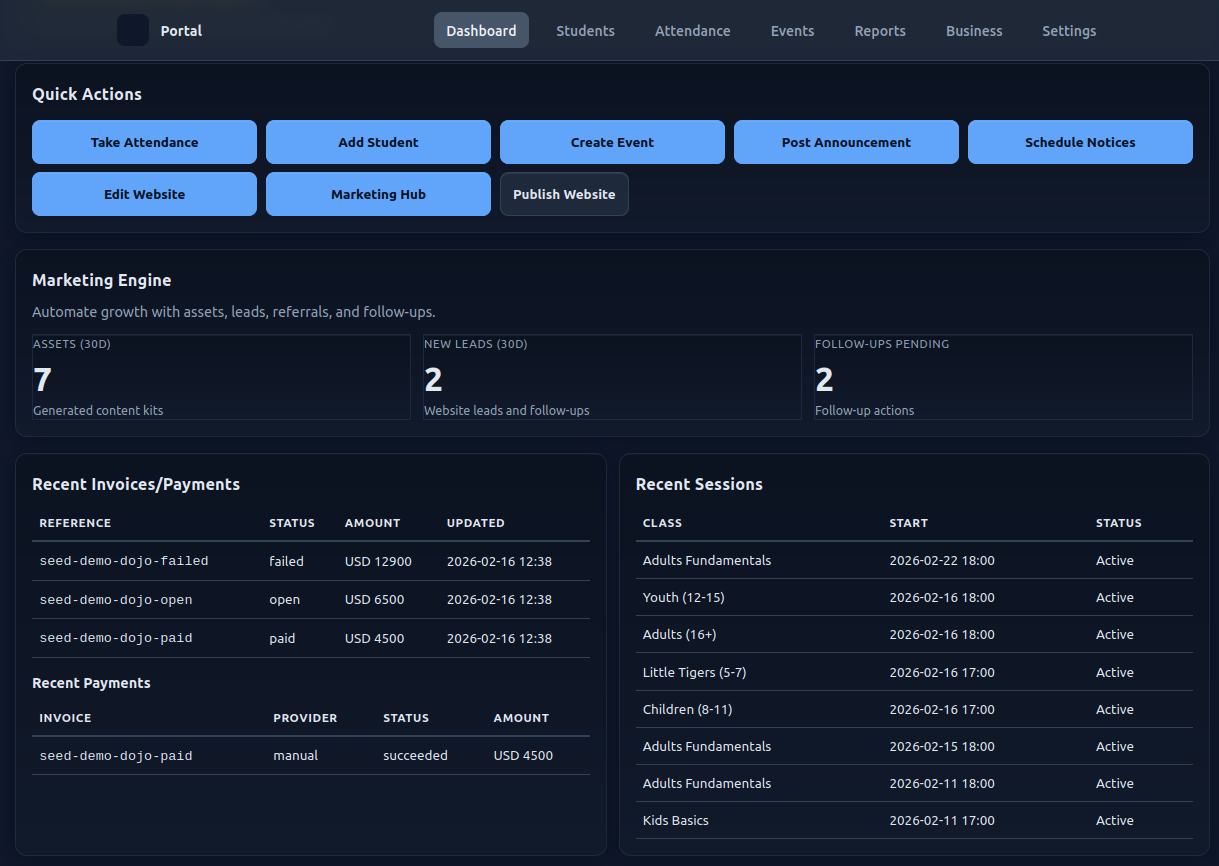 Martial Arts SaaS student management screenshot